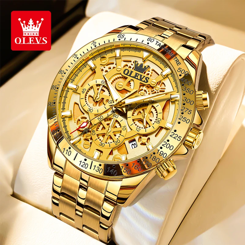 OLEVS Luxury Brand Gold Quartz Watch Skeleton Stainless Steel Chronograph Wristwatch Waterproof Luminous Men's Watches 9913