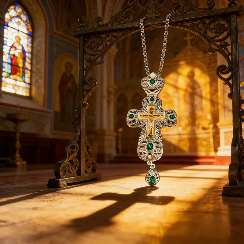 Traditional Orthodox Christian Cross Pendant with Green Gemstone Accents and Intricate Filigree Design for Faithful Followers