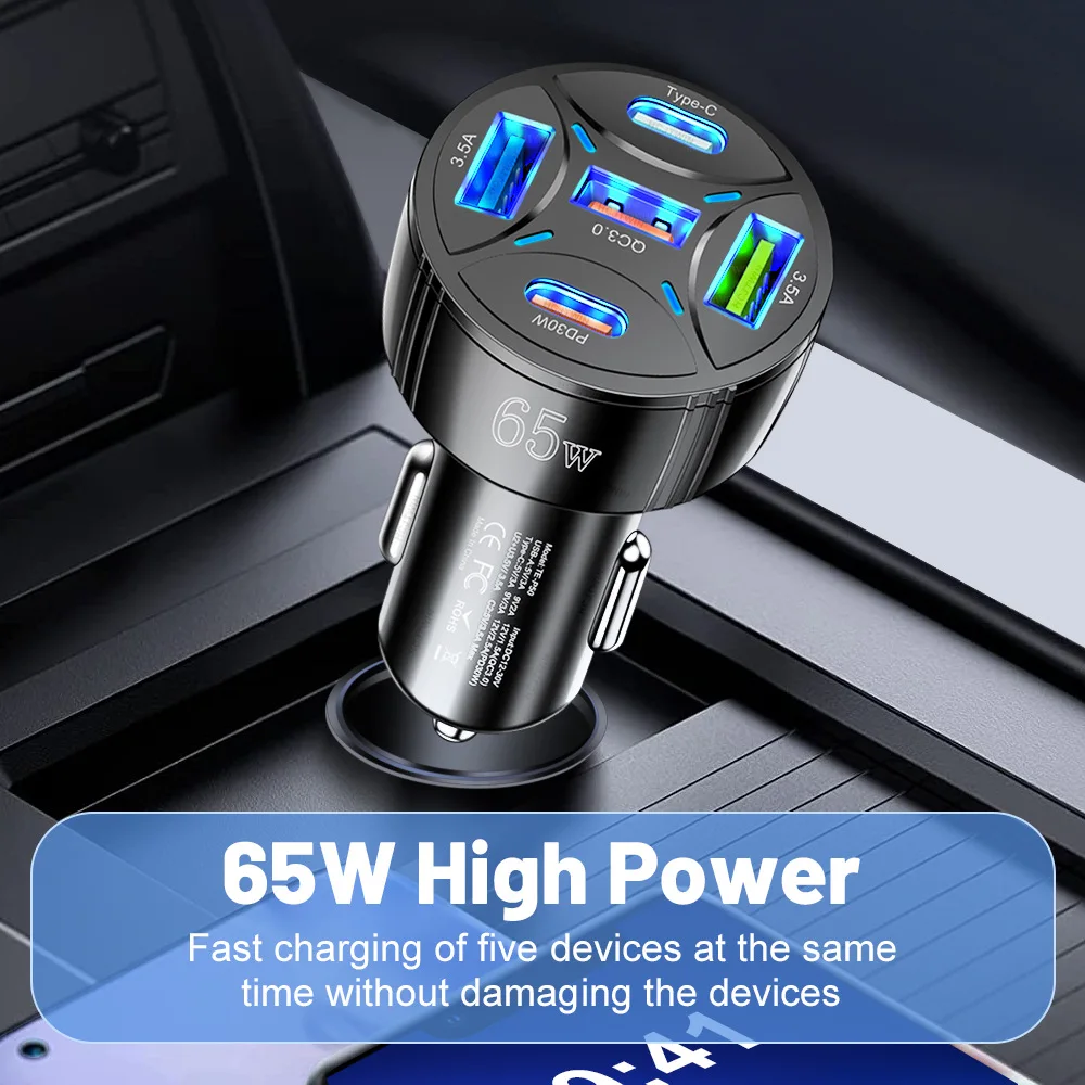 65W QC3.0 Fast Charging Car Charger 5 Ports 3USB PD Type-C Adapter Universal 12V 24V For iPhone 17 Pro Max For Samsung Android