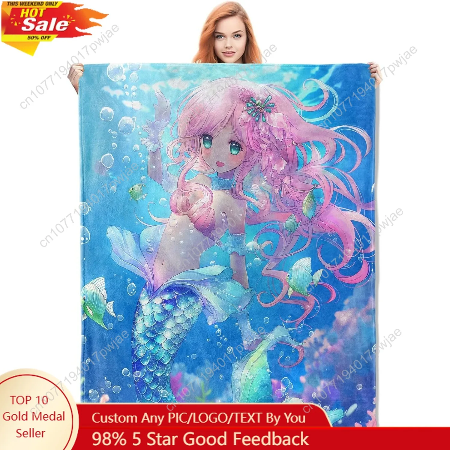 Cute Mermaid Blanket Cartoon Flannel Throw Blankets Soft Warm Lightweight Cozy Plush Mermaid Throws for Bedroom Sofa Home Decor