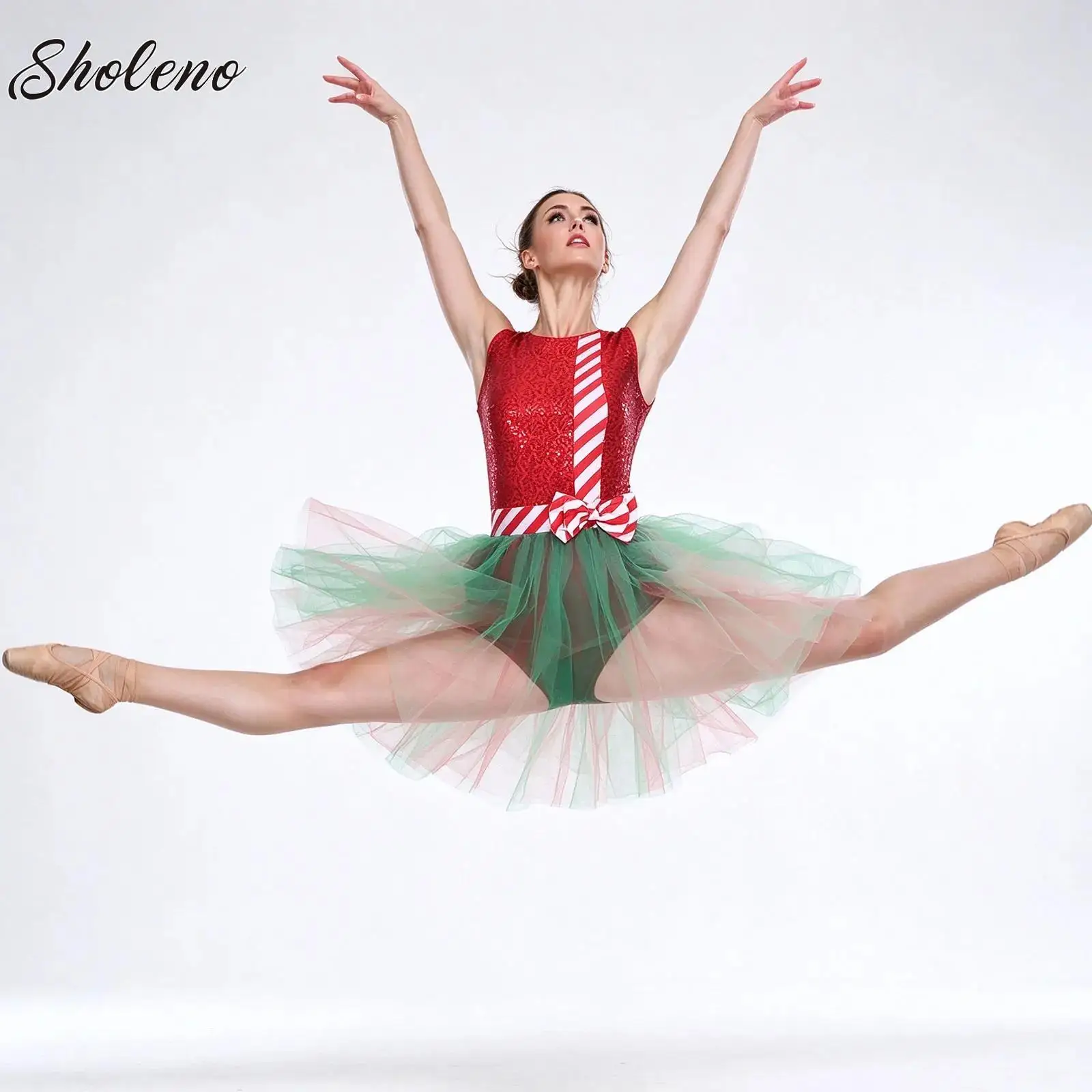 Christmas Candy Cane Striped Dance Costume Dress Women New Year Elf Sequins Bowknot Ballet Leotard Figure Skating Tutu Dress