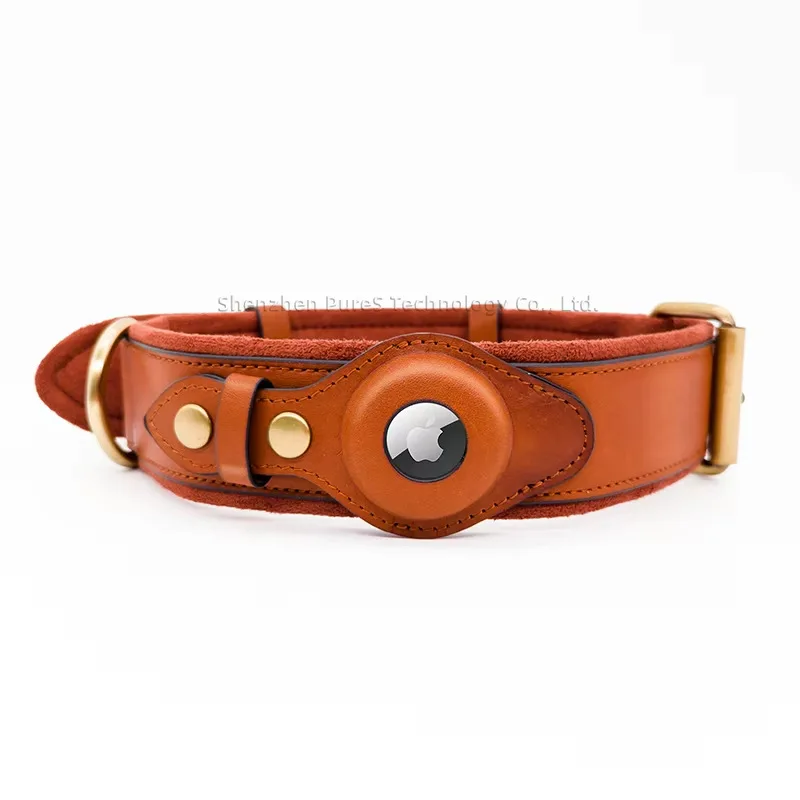 Leather Dog Collar with Tracker Holder Anti-Loss GPS Case for Pets Apple AirTag Compatible Adjustable Neck Strap