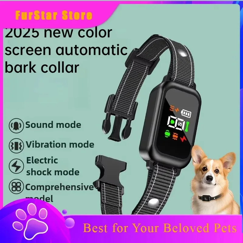 FurStarNew Color Screen Anti Bark Collar Smart Dog Training Device Adjustable Shock Ultrasonic Vibration Dog Collar Dog Training