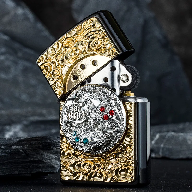Creative Retro Rotating Zodiac Lighter with Metal Three-dimensional Relief Design Windproof Cigarette Holder Accessory