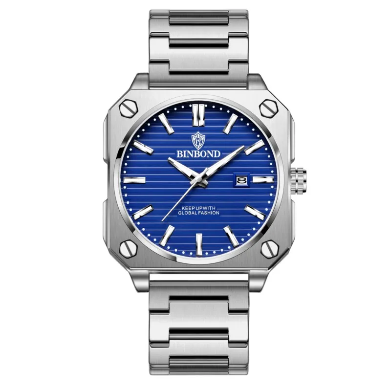 BINBOND New Men Square Wristwatch Luminous Calendar Fashion Stereo Dial Male Quartz Watch Silicone Strap Reloj Hombre