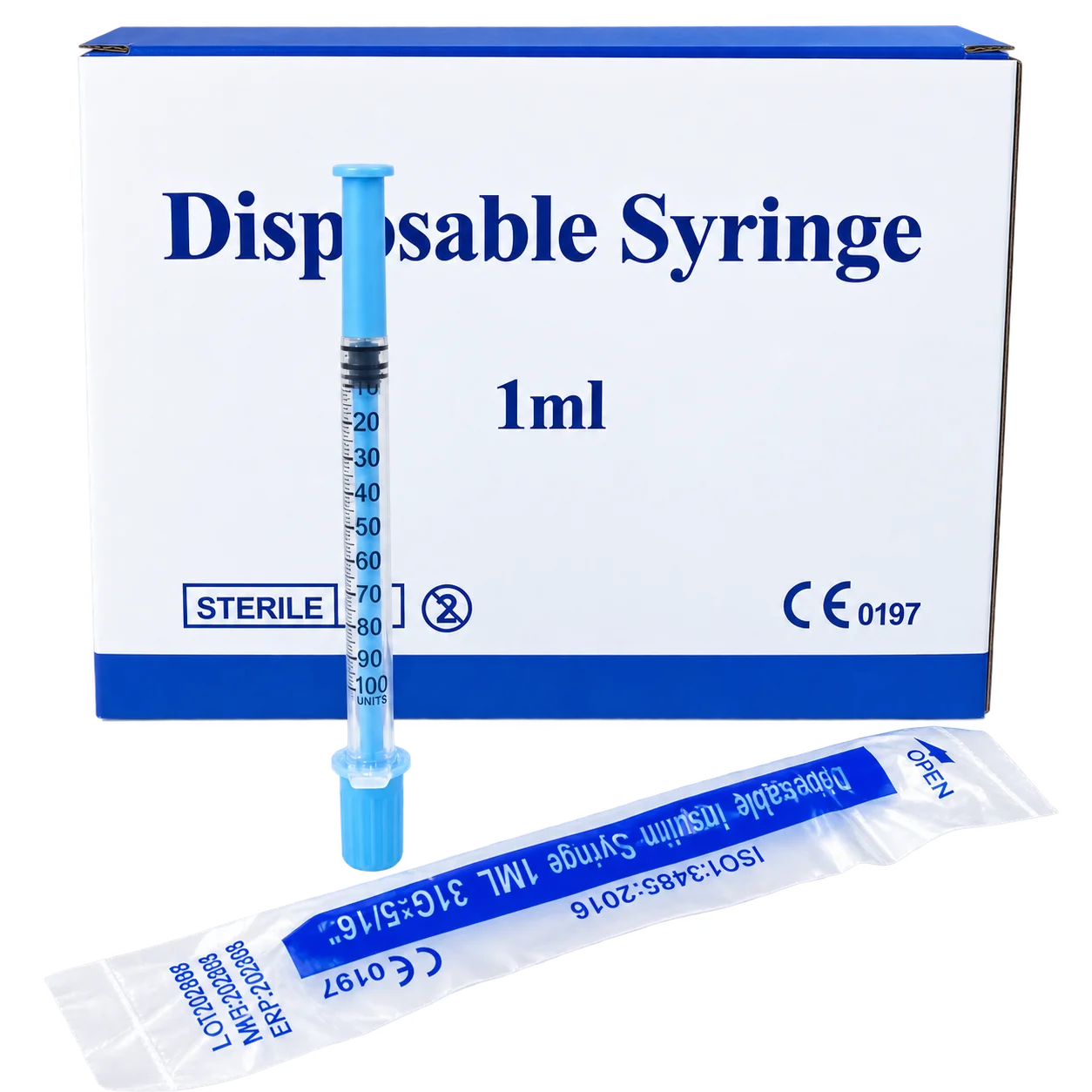 MOQ 100Pcs/Box Blue U-100 1ML Insulin Syringe Sterile 1ml 31G 8mm 5/16