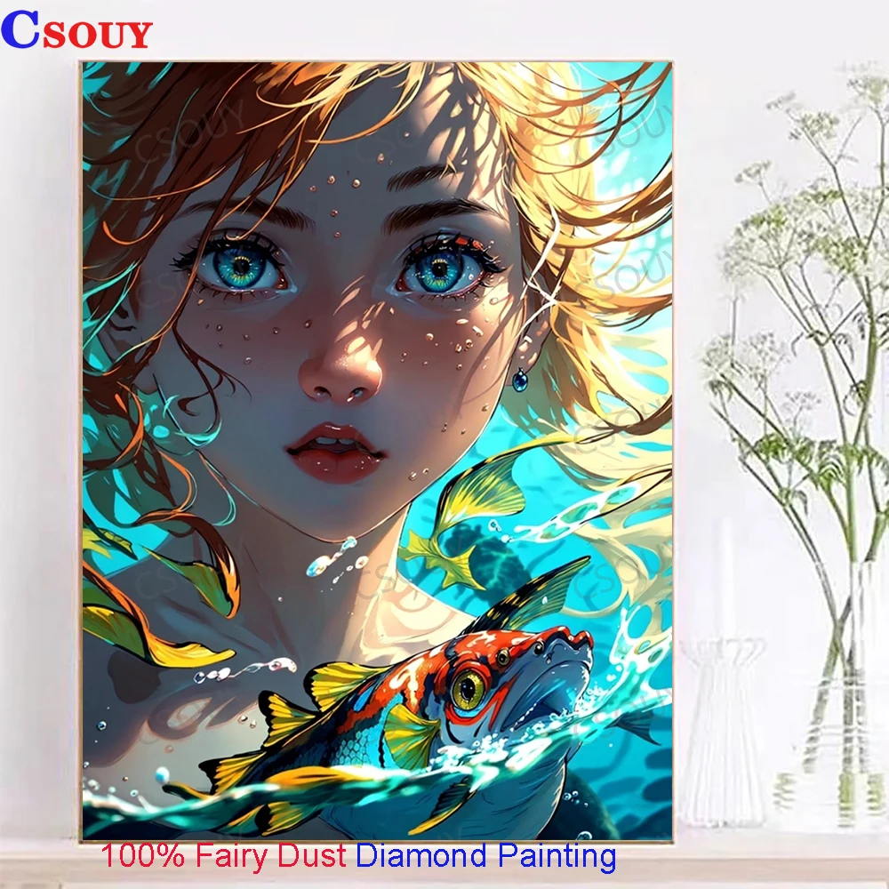 100% Fairy Dust Diy Diamond Painting Cross Stitch Beauty Fish Kits Diamond Embroidery Square Mosaic Home Decor Needlework Crysta