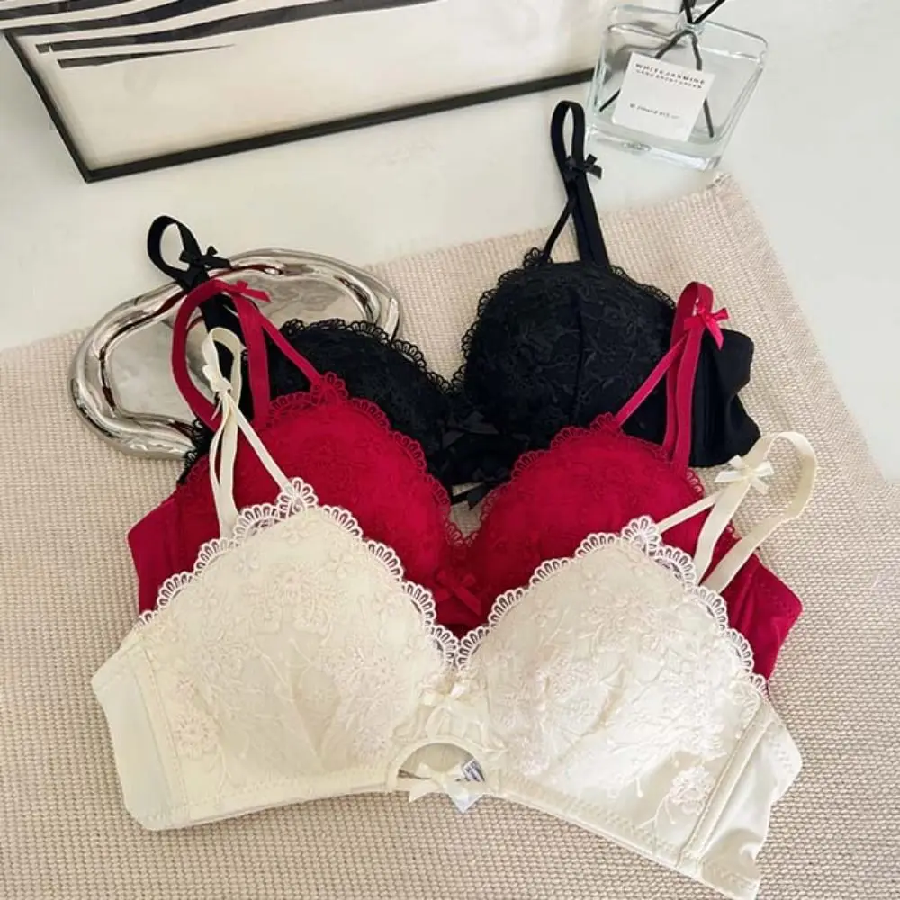Elegant Breathable Lace Flower Bra Thin Adjustable Deep-V Bra Intimates Bowknot Underwear for Women Gifts