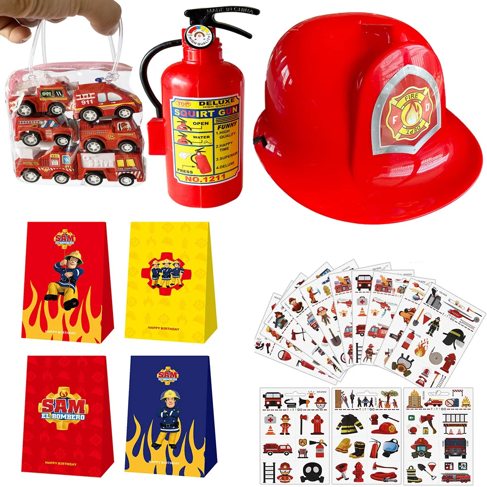 Firefighter Party Favors Fire Truck Boys Helmets Hats Stickers Gift Bag Toddler Fireman Birthday Party Supplies Gifts