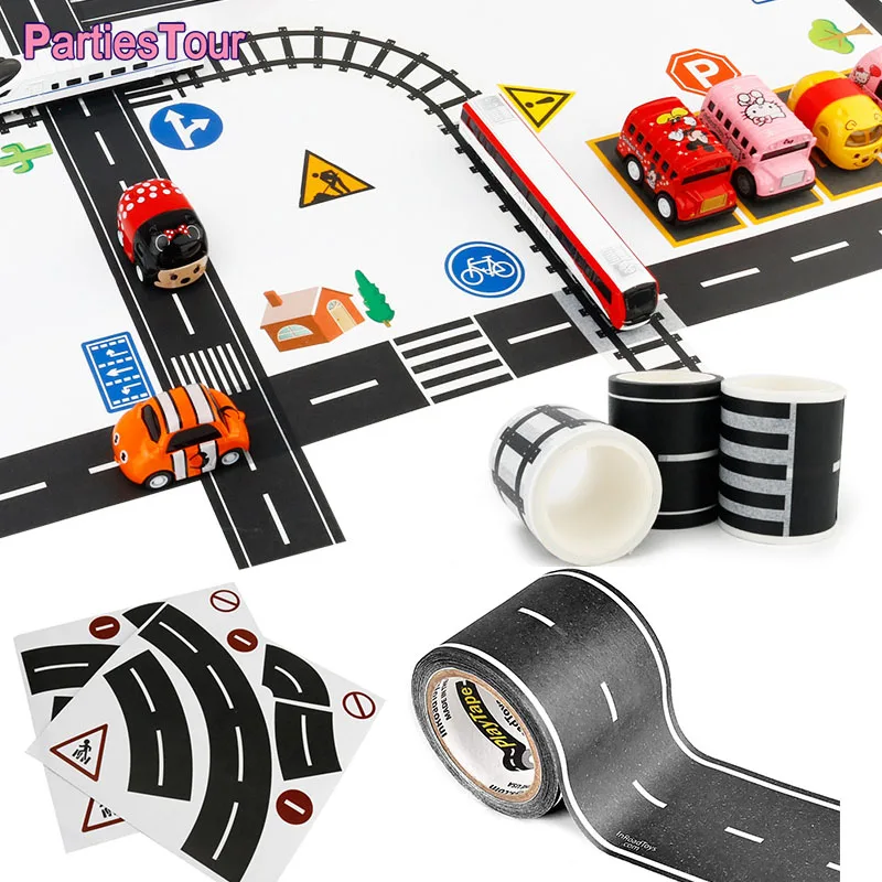 PlayTape Black Road-Black Road Tape Includes Street Curves Tape Car Track for Boys Sticker Roll for Cars Racing Road Tape