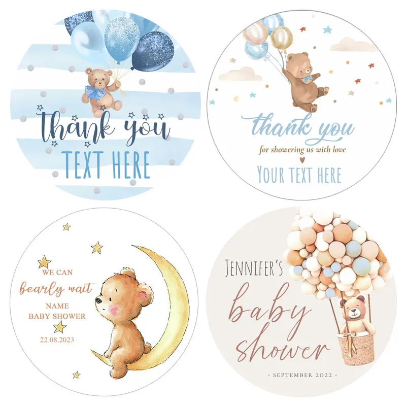 Custom Cartoon Teddy Bear Stickers Welcome Baby Boy Girl Stickers Labels Personalized New Born Gender Reveal Baby Shower Decor