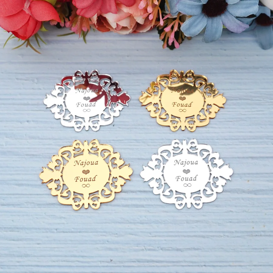 Custom Couple Name Lovely Wedding Party Stickers Personalized Small Acrylic Mirror Babyshower Guest Gift Decoration 5*4CM