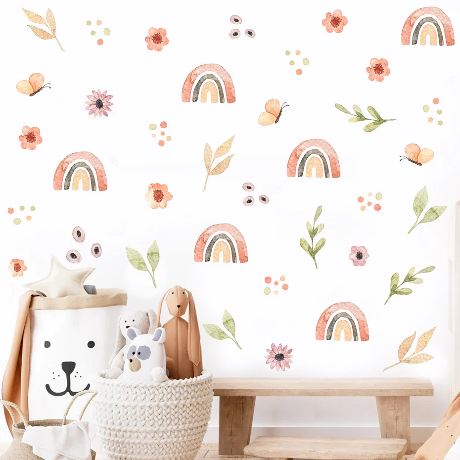 Cartoon Watercolor Seamless Pattern Floral Leaf Wall Stickers for Kids Room Boy Bedroom Home Decorative Watercolor PVC Decor
