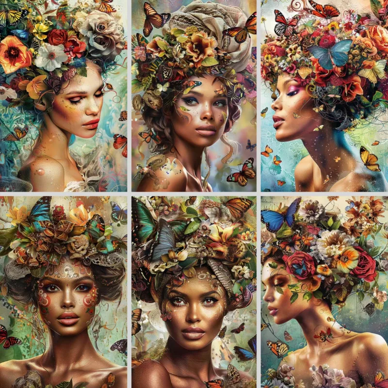 Girl Butterfly Flower Canvas Wall Art Poster and Prints Portrait Women Wall Painting Picture Art Home Living Room Decoration