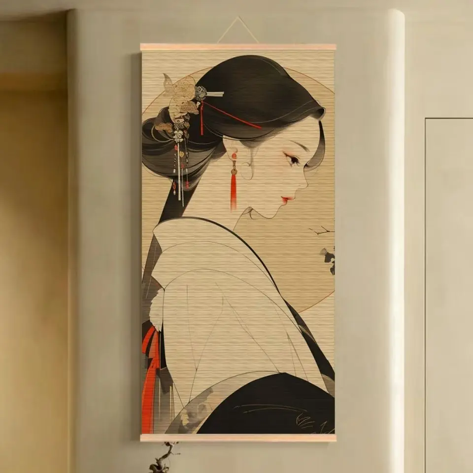 Handmade Bamboo Scroll Tapestry Wall Hanging, Classical Lady Ink Painting for Boutique Hotel Bar Living Room House Decor​