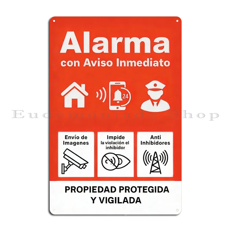 Retro 24h Alarm System Metal Sign Plaque Vintage Spanish Security Decoration with Icons Red Home Plates Tin Sign Poster