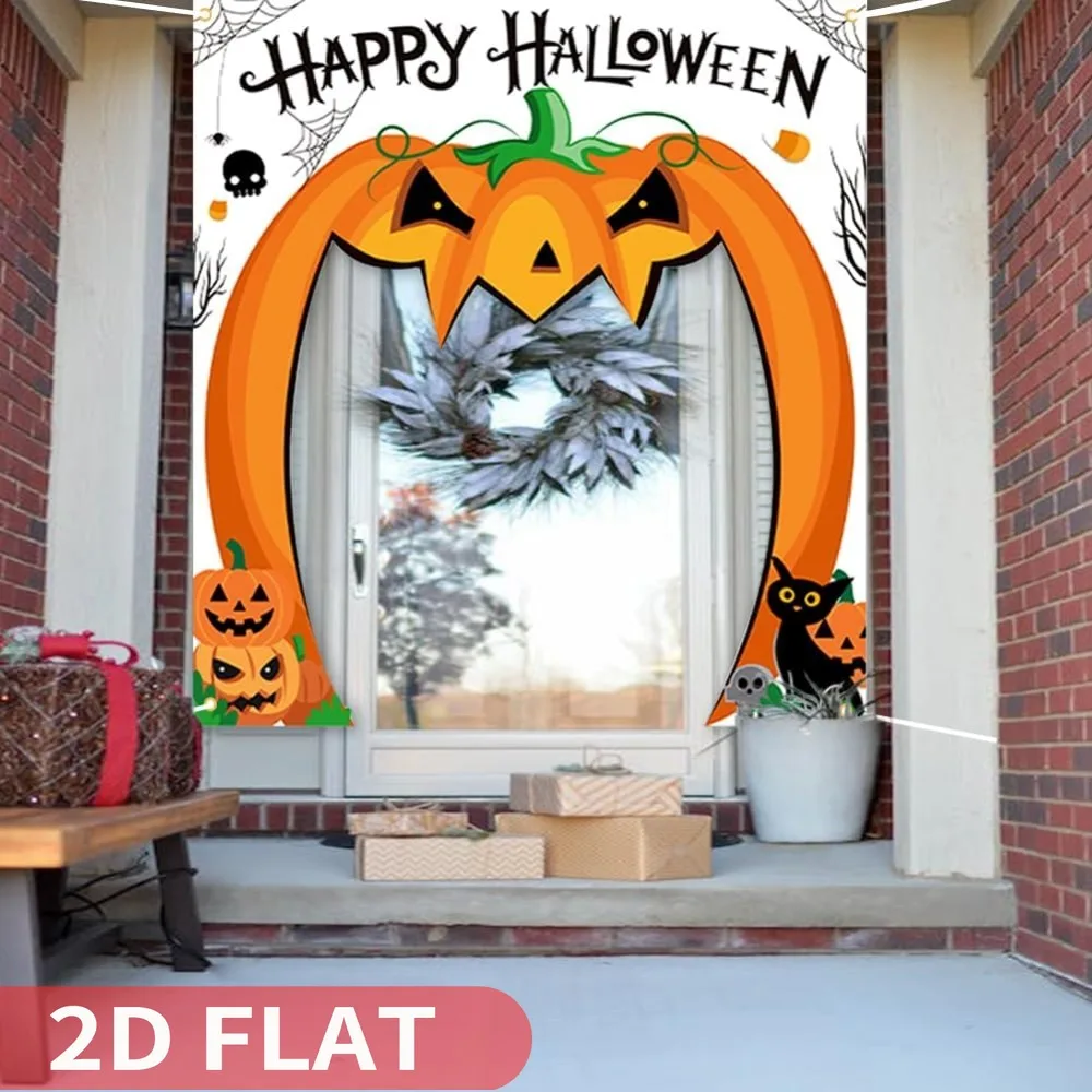 1pc 2D FLAT Pumpkin Design Door Banner, Ideal for Halloween Party Hanging Door Decoration- Large Fabric Sign Hanging Banner