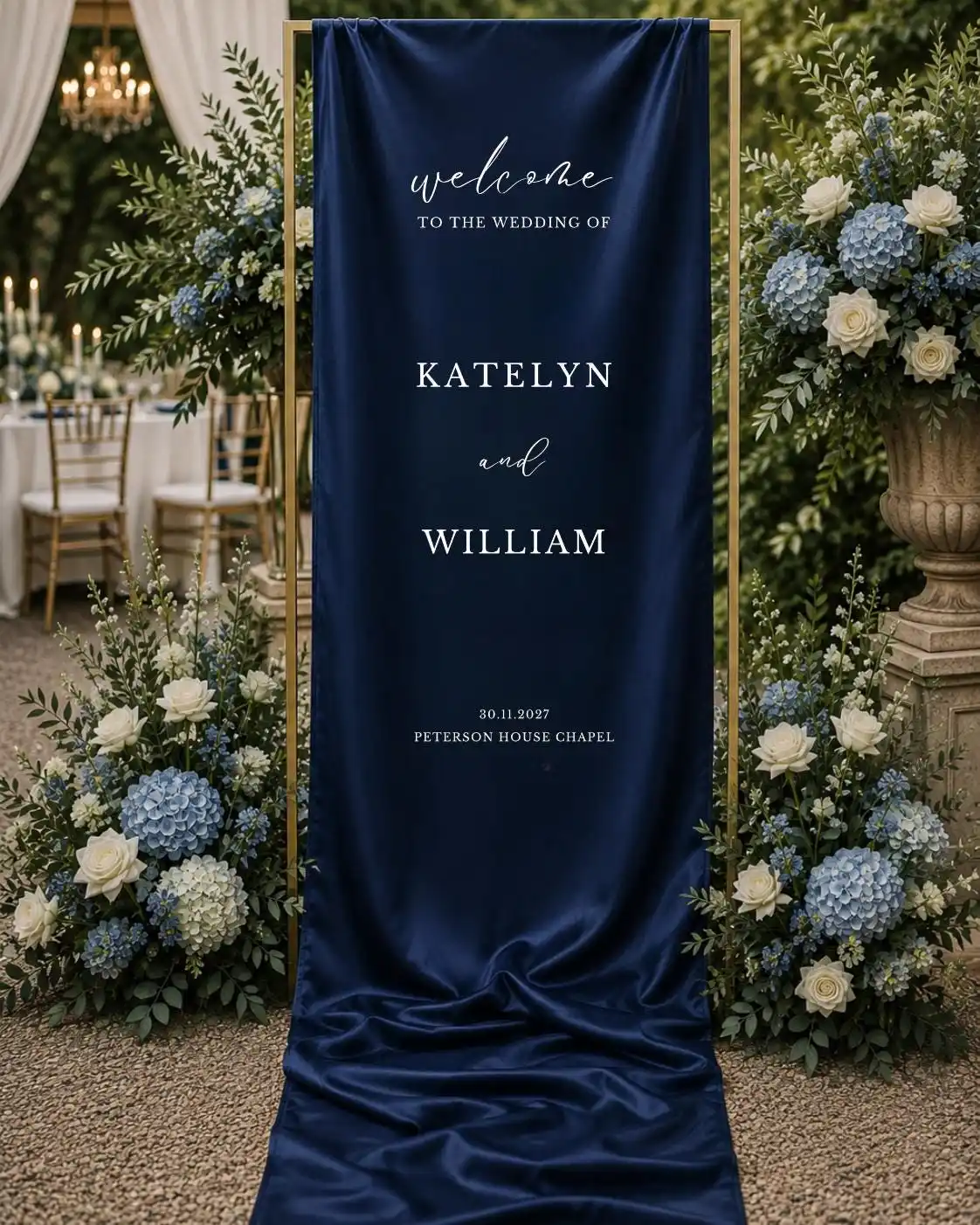 Custom Satin Silk Wedding Welcome Sign with White Ribbon, Personalized Wedding Signage, Birthday Ceremony Decor, Satin Backdrop