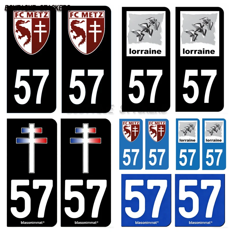 2Pcs Autocollant Plaque D'Immatriculation Française Noir Bleu 57 Football Club Metz-Croix De Lorraine-DEP 57 Région Lorraine PVC