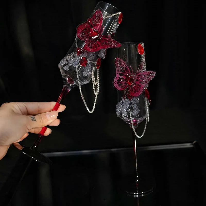 2pcs Butterfly Knot Diamond Tall Cup Gift Set, High Beauty Cocktail Glass, Creative Niche Champagne Wine Glasses, Wedding Gift