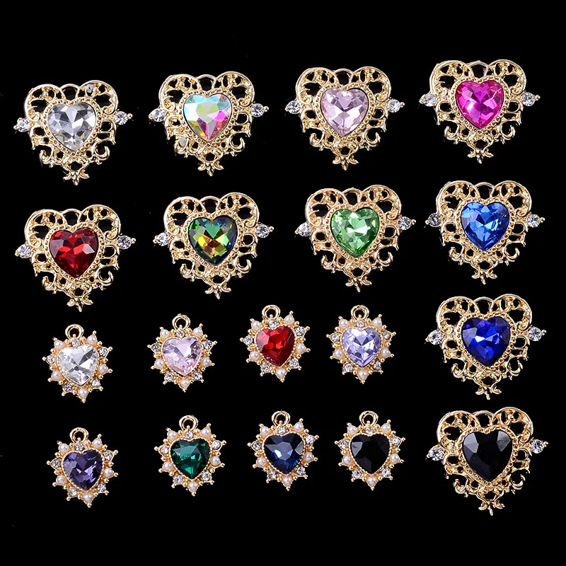 10Pcs Alloy Crystal Rhineston Heart Pendant Scepter Creative Rhinestone Button Ornaments Earrings Choker DIY Jewelry Accessories