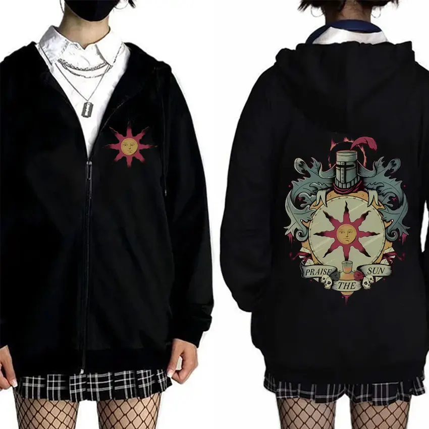 Game Dark Souls Church of The Sun Graphic Zipper Hoodie Men Women Fashion Gothic Rock Hoodies Male Casual Vintage Zip Up Jacket