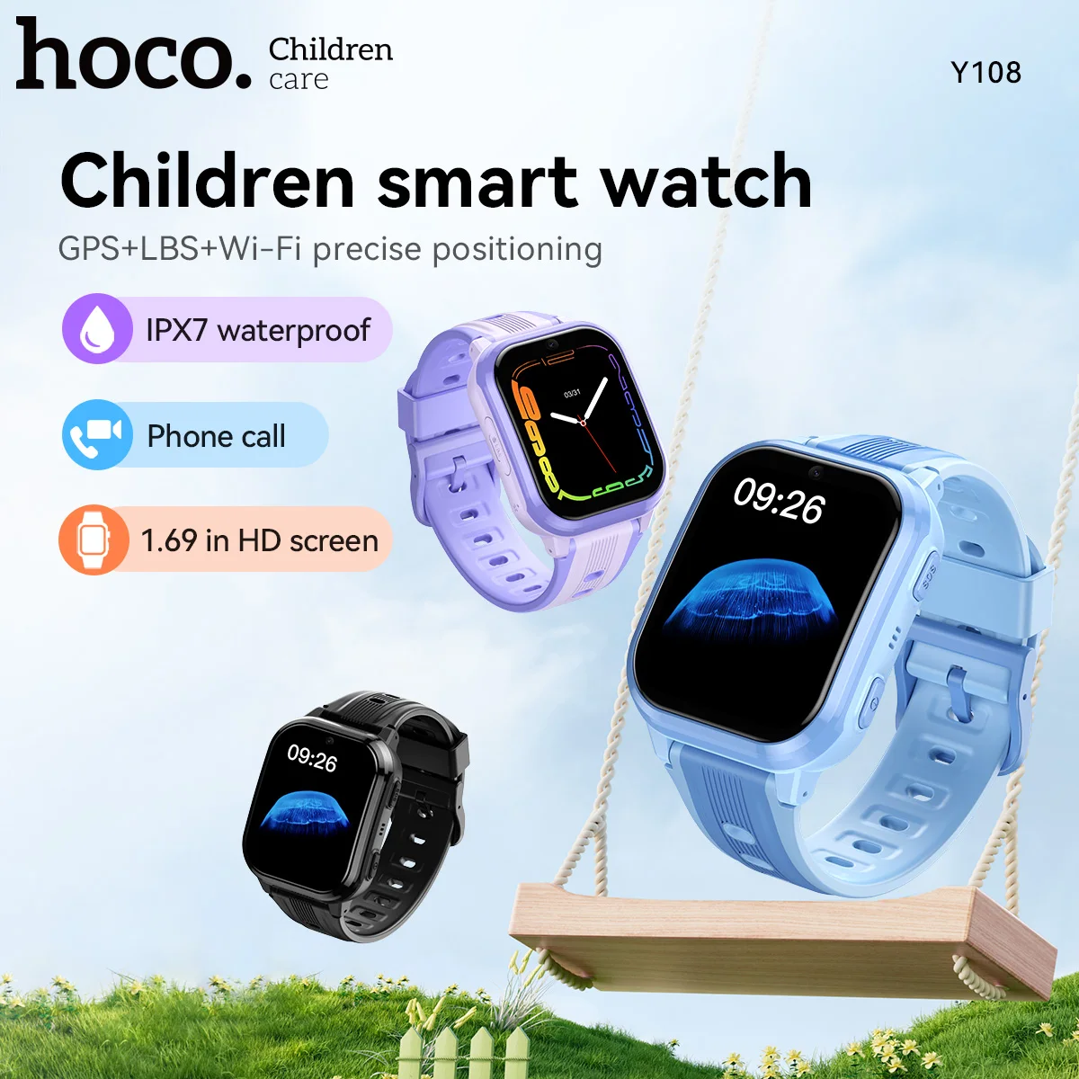 HOCO Y108 1.69inch HD LCD Curved Touch Screen Kids Smart Watch GPS LBS WIFI Location Tracker 4G SIM Card Call Watch For Girl/Boy