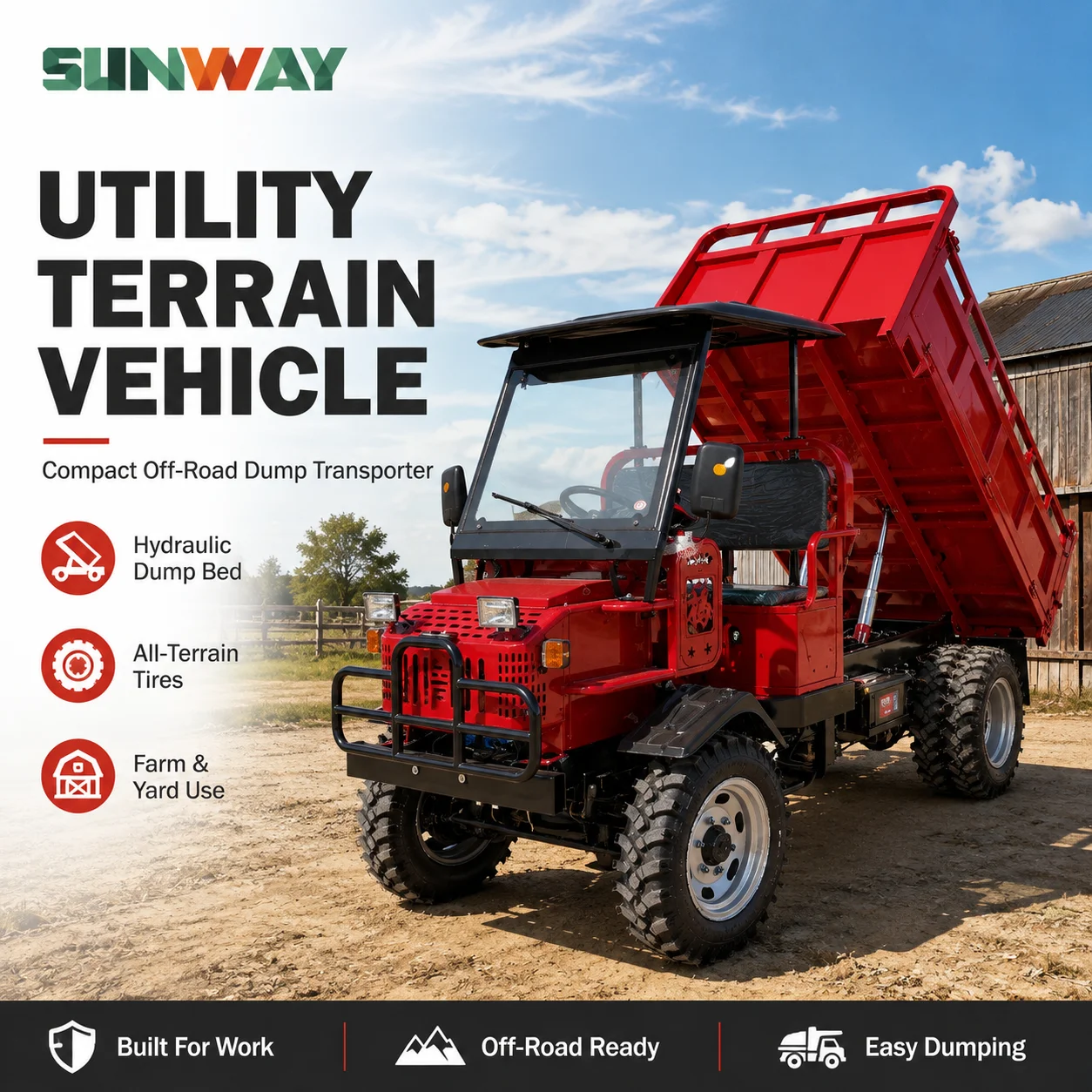 Diesel 4WD Cargo UTV With Hydraulic Dump Bed Heavy Duty Farm Utility Vehicle For Plantation Orchard Muddy Terrain Transport