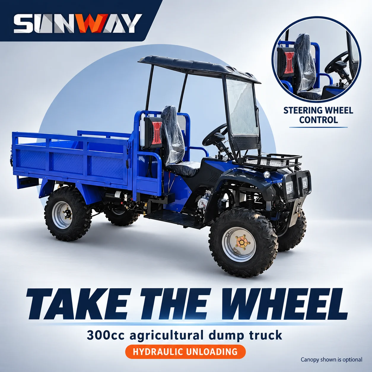 Blue Agricultural Utility Vehicle with Hydraulic Cargo Bed 300cc Four Stroke Farm Dump Truck Loncin Engine