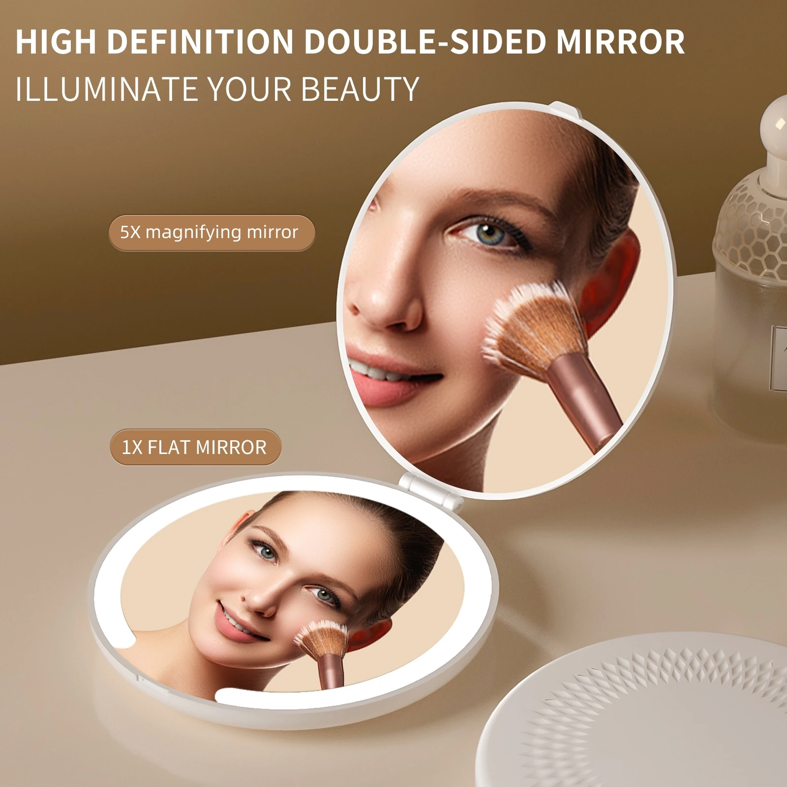 LED Lighted Travel Makeup Mirror, 3 Colors Light, 5X Magnifying, Portable Compact Vanity Mirror