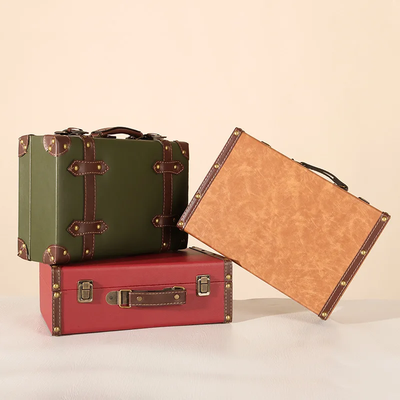 Vintage Suitcase Desktop Makeup Storage Organizer Case Runway Prop Box Solid Color Leather Case Wooden Box Cosmetic Storage
