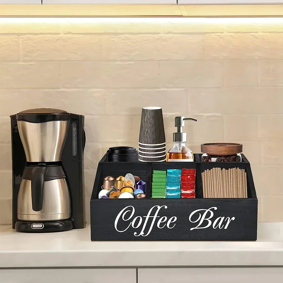 Coffee Storage Box Water Bar Counter Wooden Frame Kitchen Desktop Storage Decorative Multifunctional Tea Bag Basket Accessories