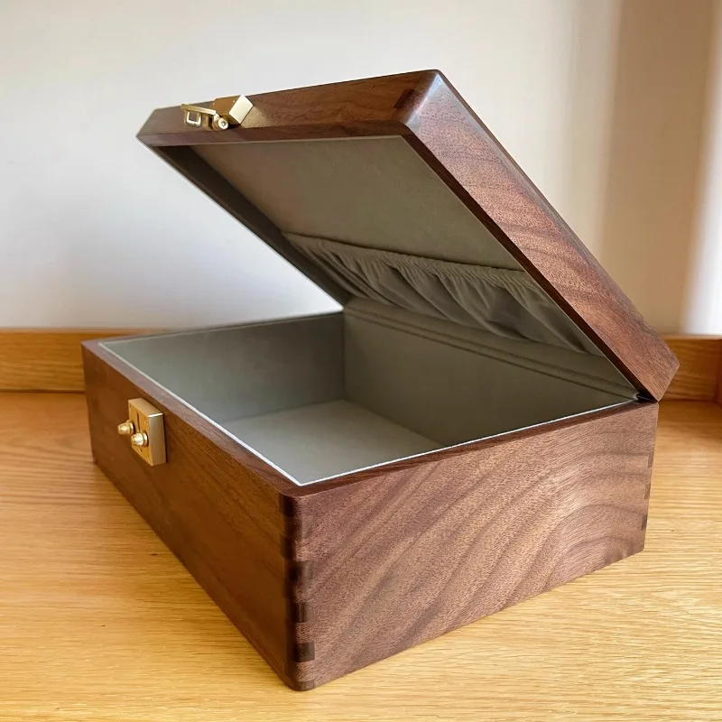 Walnut Wood Jewelry Box with Lock Premium Solid Wood Keepsake Chest Document & Collectible Organizer Desktop Storage Case