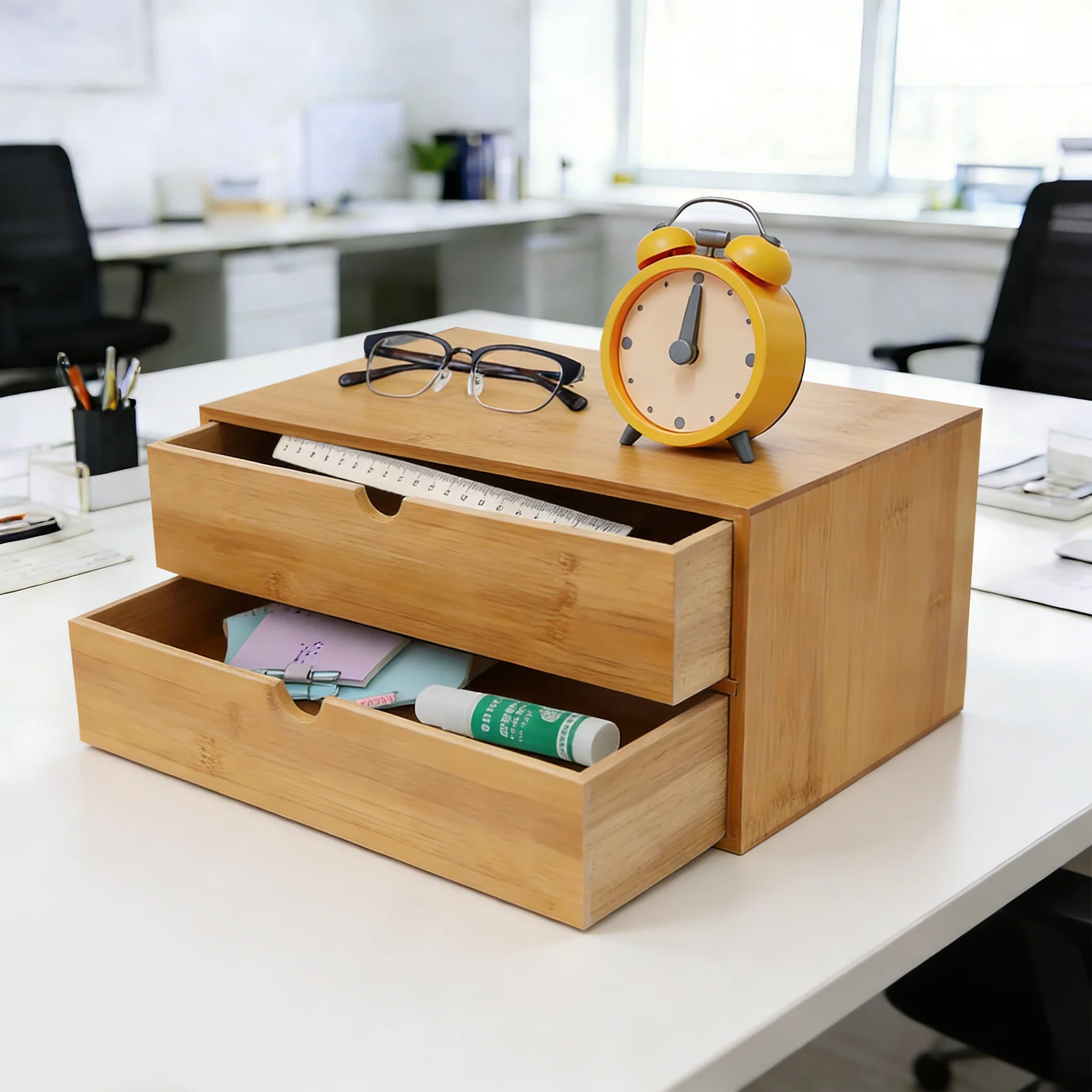 Desk Organizer, 2-Drawer Office Supplies Storage Box, Natural Bamboo Desktop Organizer with Smooth Finish, for Home Office Decor