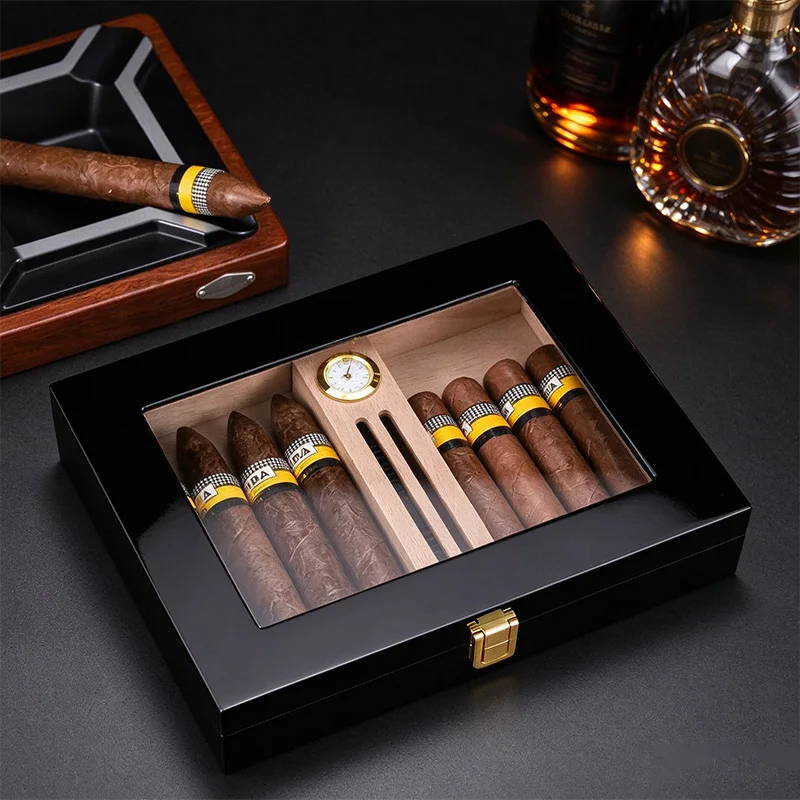 Cigar Humidor Cedar Lined Cigar Humidor with Hygrometer Clear Visible Window Desktop Cigar Storage Box for 10-15 Cigars