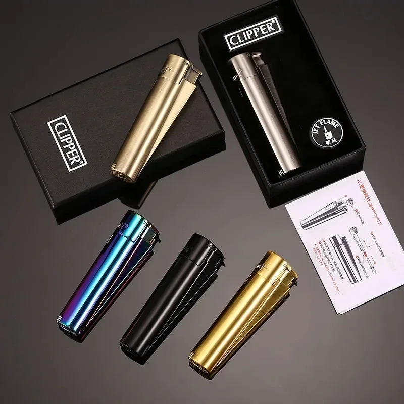 Clipper cigarette Lighter Windproof Straight Jet Blue Flame Lighter Flame Outlet With Dust Cap Butane Torch Lighter Men's Gadget