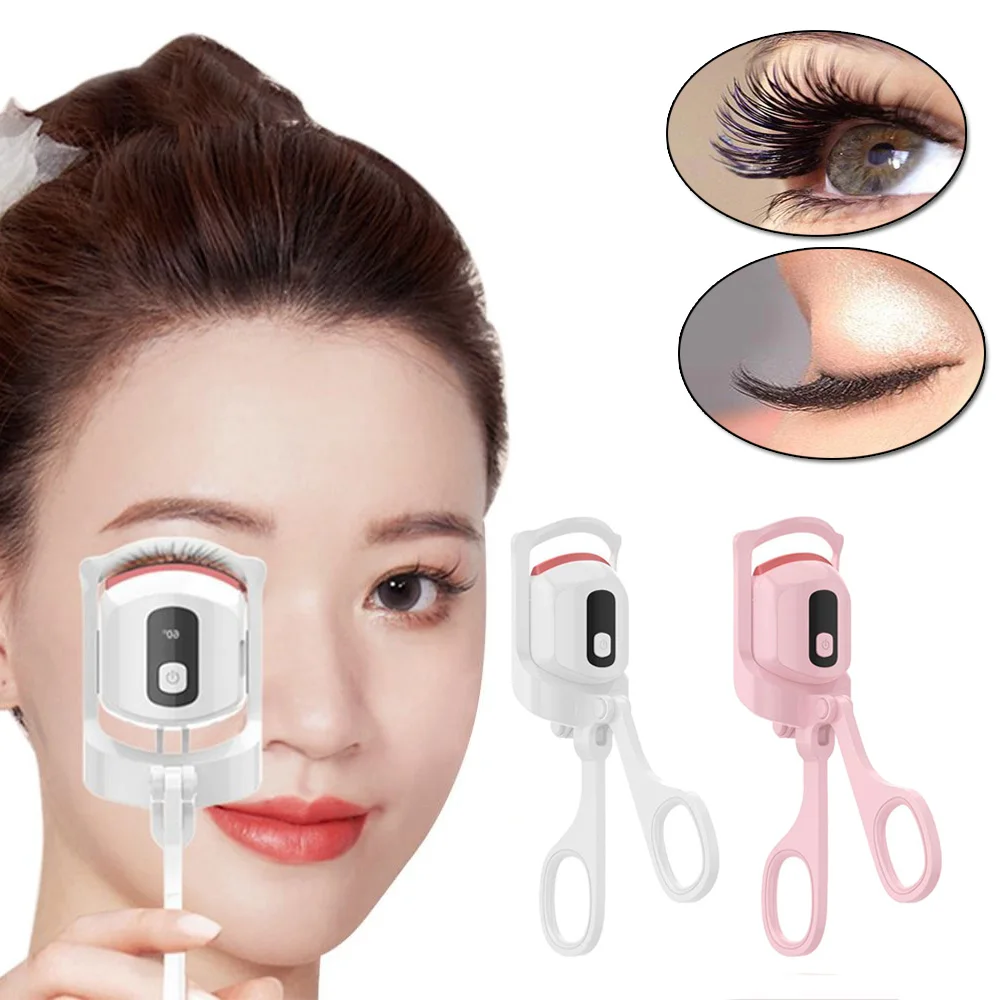 Portable Rechargeable Electric Heated Eyelash Curler Clip Long-Lasting Styling LCD Display Makeup Eye Lash Thermal Perm