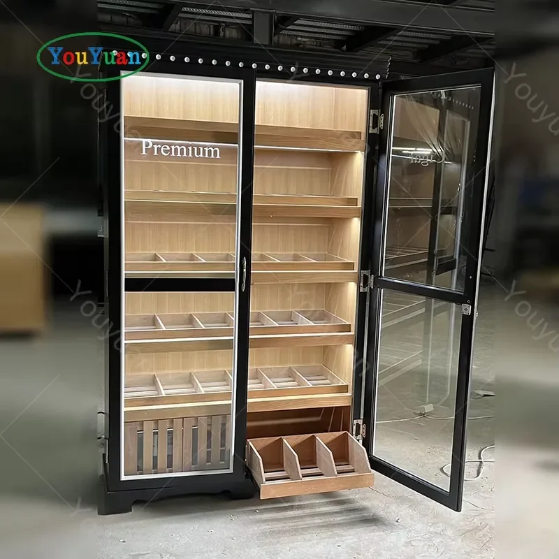 Multi-function LED Lighting Cigar Humidor Cabinet with Cedar Wood Large Capacity Durable Smoke Shop Furniture for Cigar