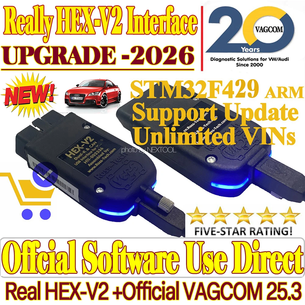 2026 OBDII Cable VAG-COM Interface VAG HEX V2 Update V26.3 USB Interface FOR VW AUDI Skoda Seat REAL V2  Multilingual VCDS TOOL