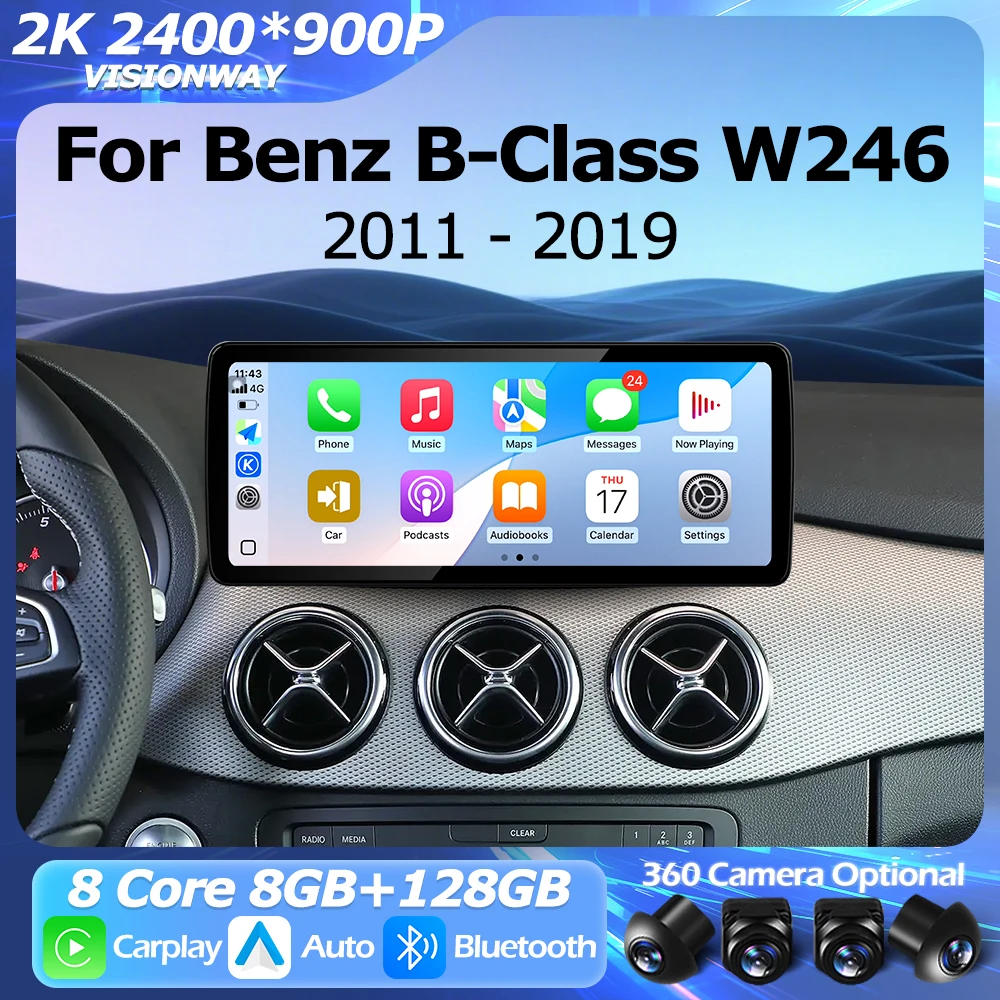 Android Auto For Mercedes Benz B-Class W246 W245 2011-2019 2400*900P Wireless Carplay Multimedia Player Bluetooth GPS Navigation