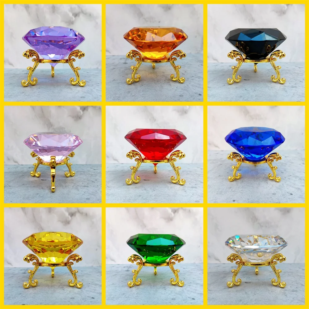 80mm K9 Crystal Diamond With Metal Triangle Stand  Glass Paperweight Exquisite Display Craft Ornament Wedding Home Decor Gift