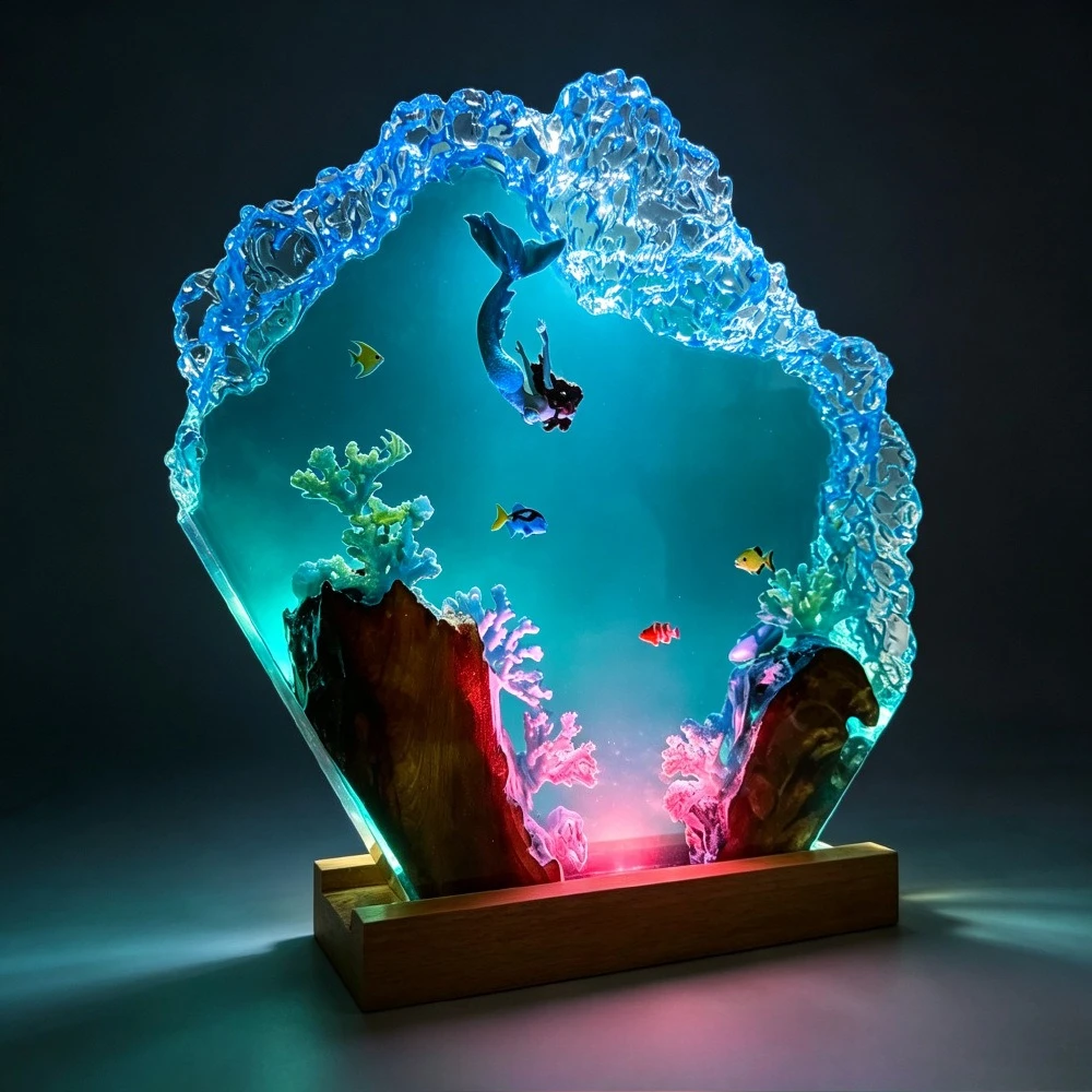 Deep Sea Mermaid Epoxy Sculpture Ornament Solid Wood Resin Luminous Home Decoration Crafts Exquisite Gifts