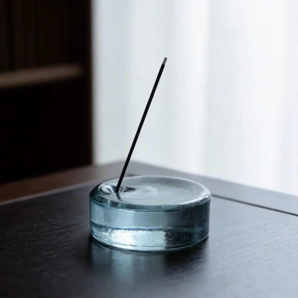 Minimalist Solid Glass Incense Holder, Round Incense Stick Stand for Meditation Relaxation, Yoga Home Decor Gift Container Tray
