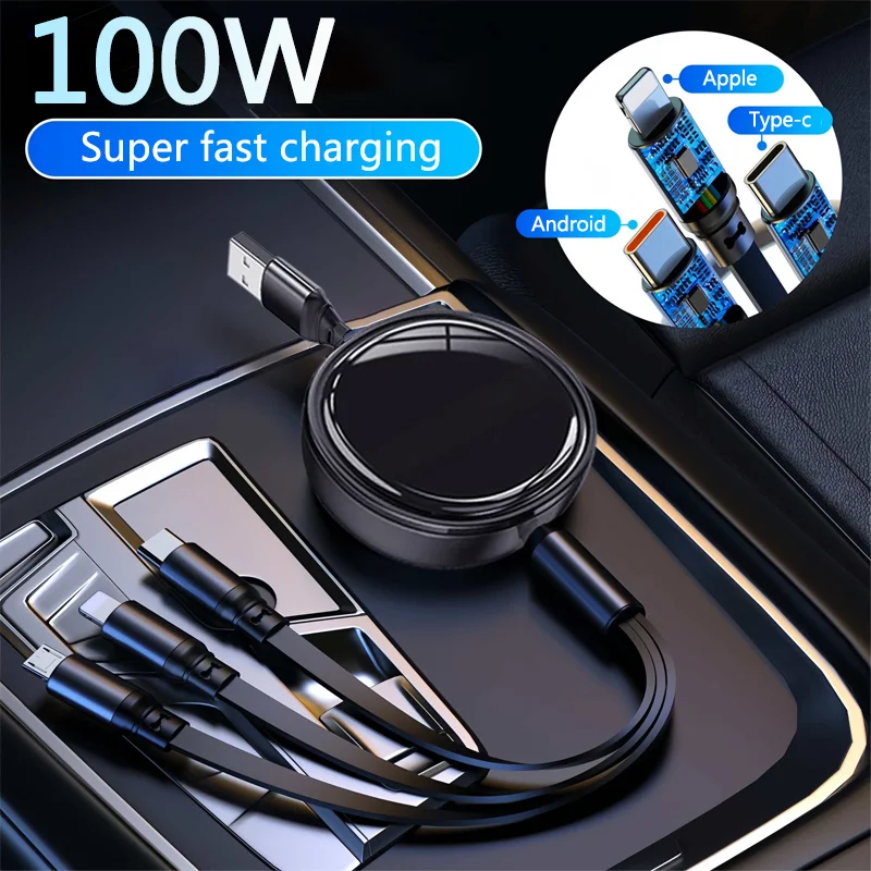 3 in 1 Retractable 100W Fast Charge Data Cable For Apple 14 USB Type C/Micro For Samsung Xiaomi 13 Huawei Phone Car Key Case