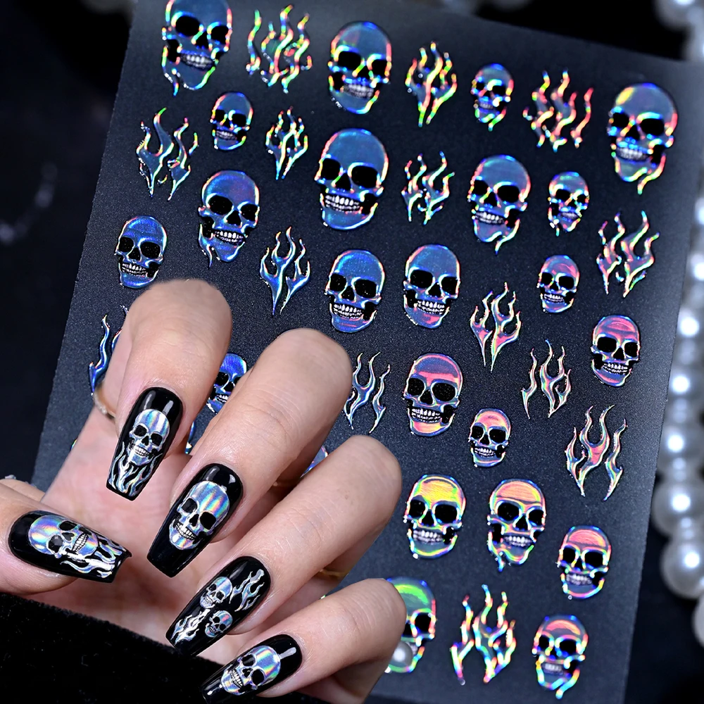 1Pcs Halloween Glitter Laser Skull Head Flame Nail Sticker 5D Holographic Skeleton Fire Gothic Nail Decals Y2k Spooky Nail Decor