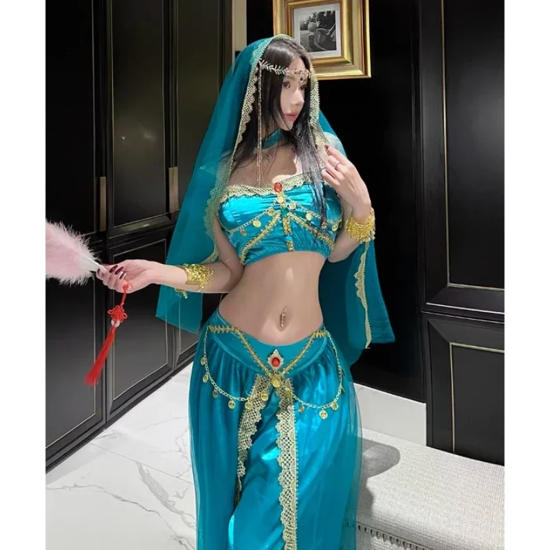 Cosplay Halloween Festival Arabian Cosplay Peacock Princess Costume BellyDance Indian Bollywood Veil Top Pants Up Egyptian Queen