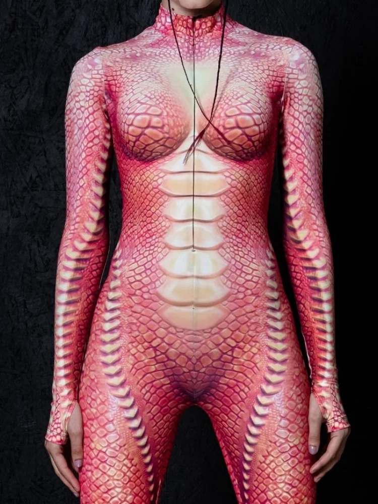 2025 New Halloween Women's Cyberpunk Red Peacock Fish Scale Bodysuit Party Role Play Steampunk Costume Stretch Bodysuit Bodysuit