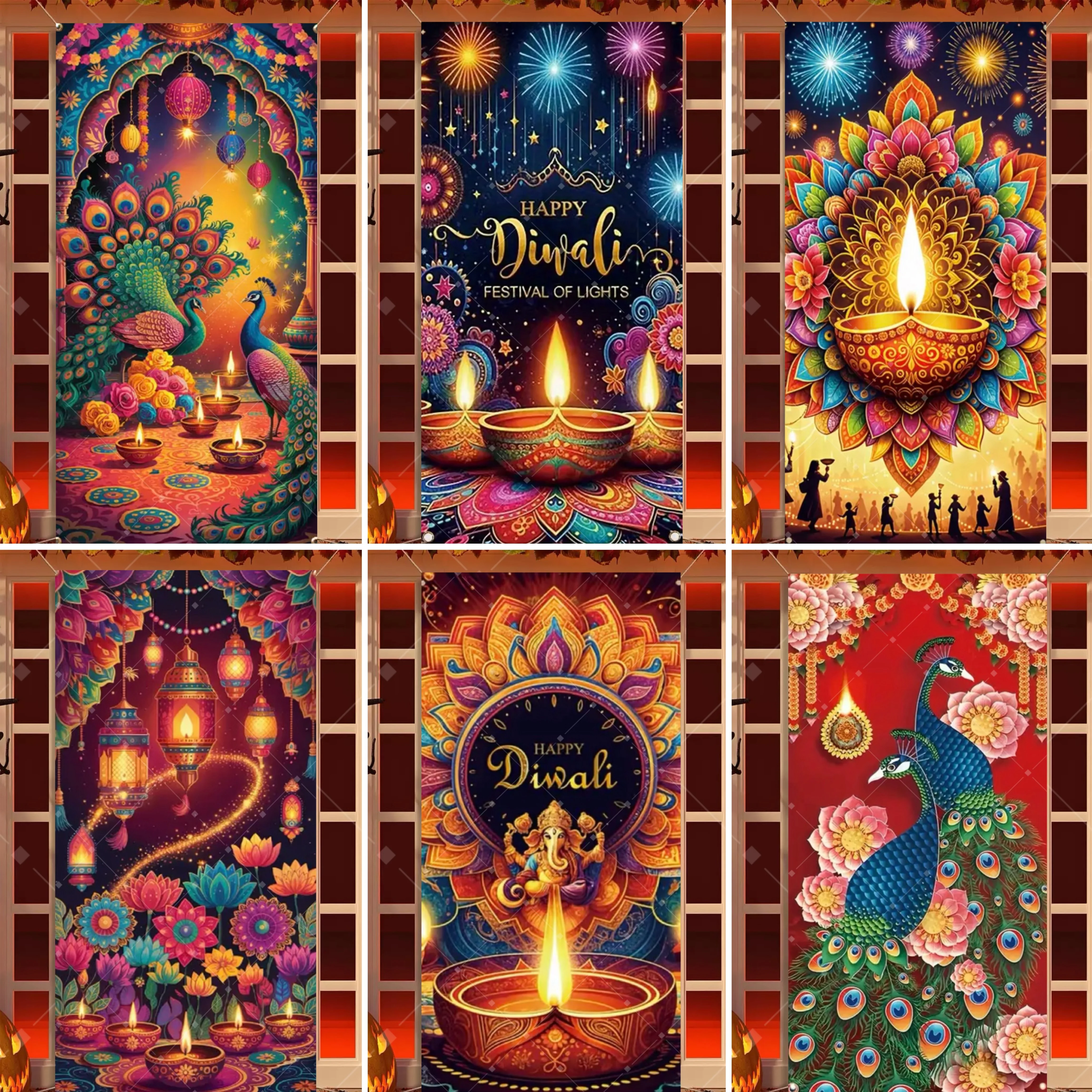 Diwali Decoration Party Background  Indian Diwali Peacock Candle Party Supplies Door Decoration Festival Door Cover Backdrop