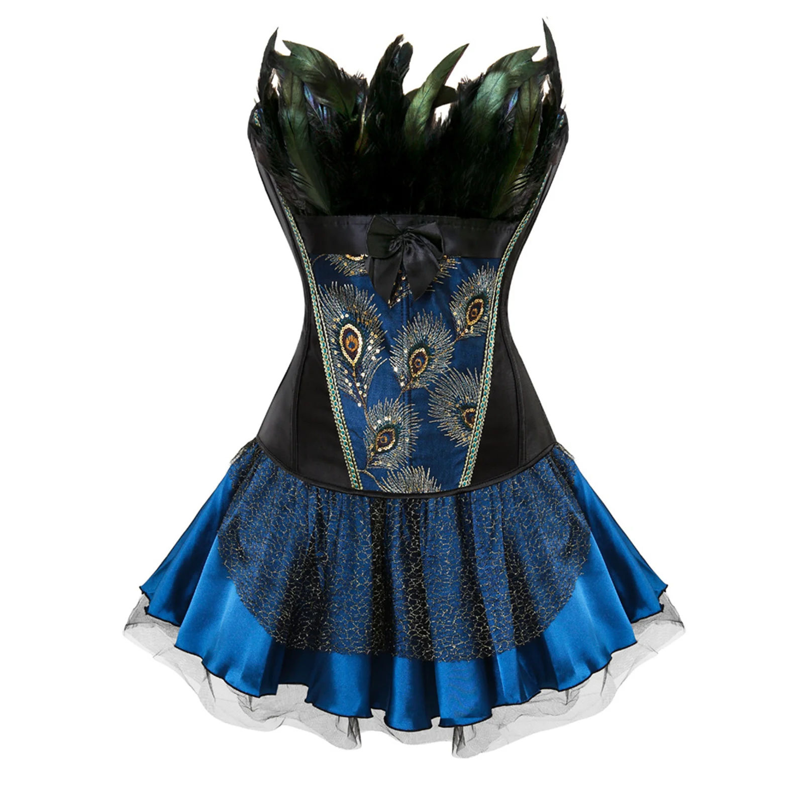 Embroidery Overbust Corset Dress Gothic Peacock Feathers Bustier Tops Floral Lace Skirt Set Vintage Women Sexy Costume Halloween