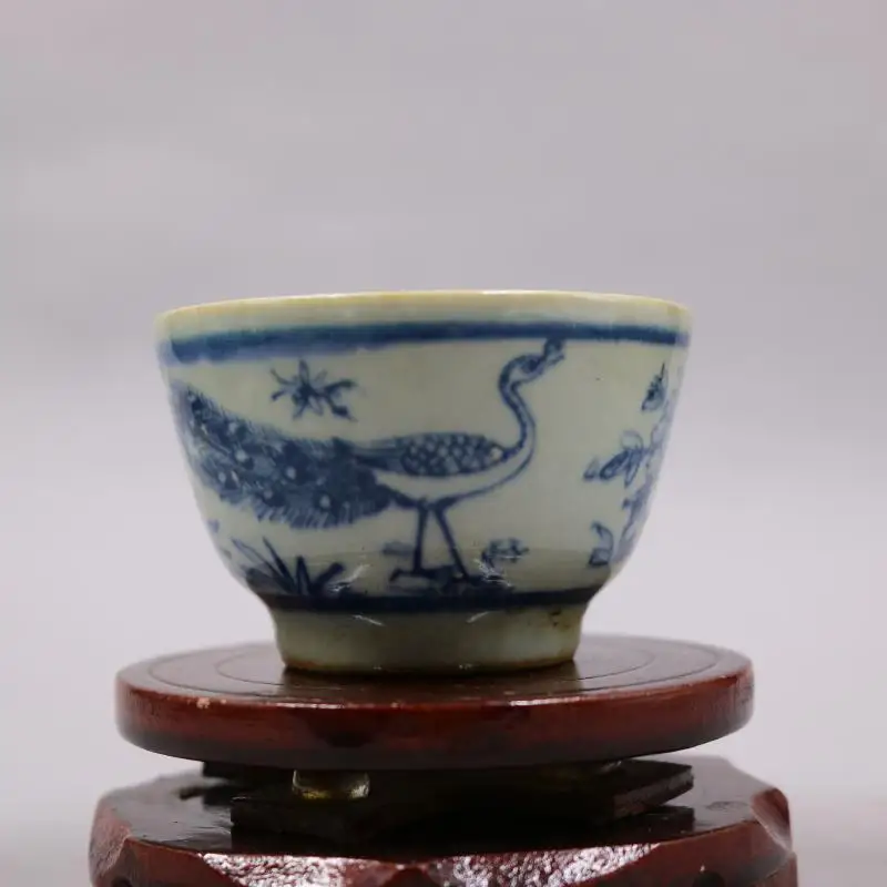 Retro Chinese Porcelain Hand Painted Blue And White Peacock Pattern Tea Cups 2.95 Inch